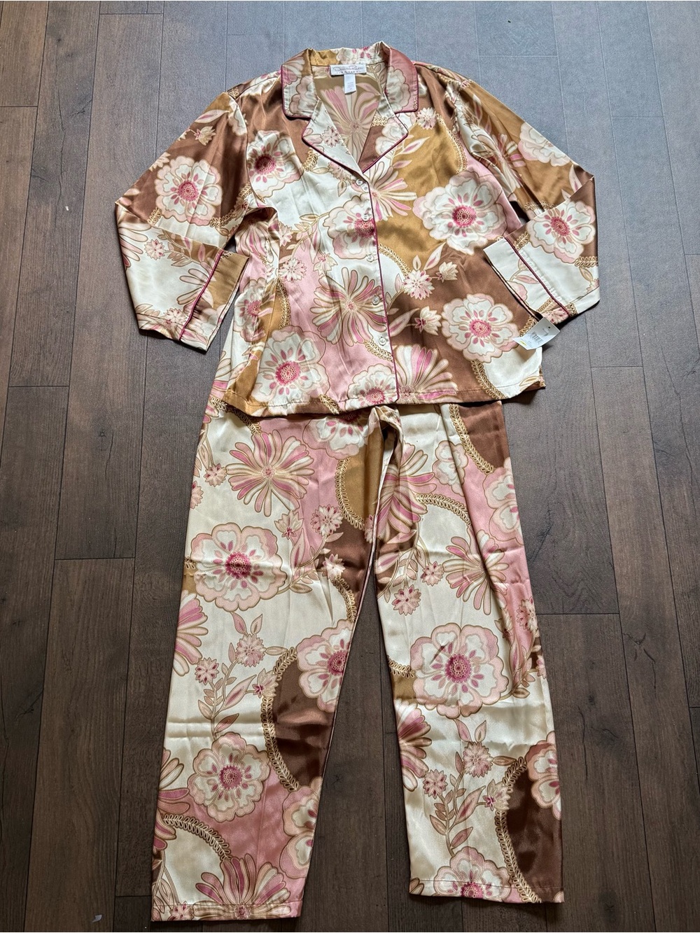 Oscar de la Renta Floral Satin Pajama Set in Pink, Cream & Brown